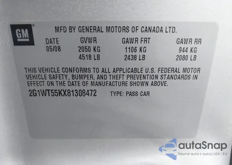 2008 Chevrolet Impala Lt из США, поврежденный, VIN 2G1WT55KX81308472